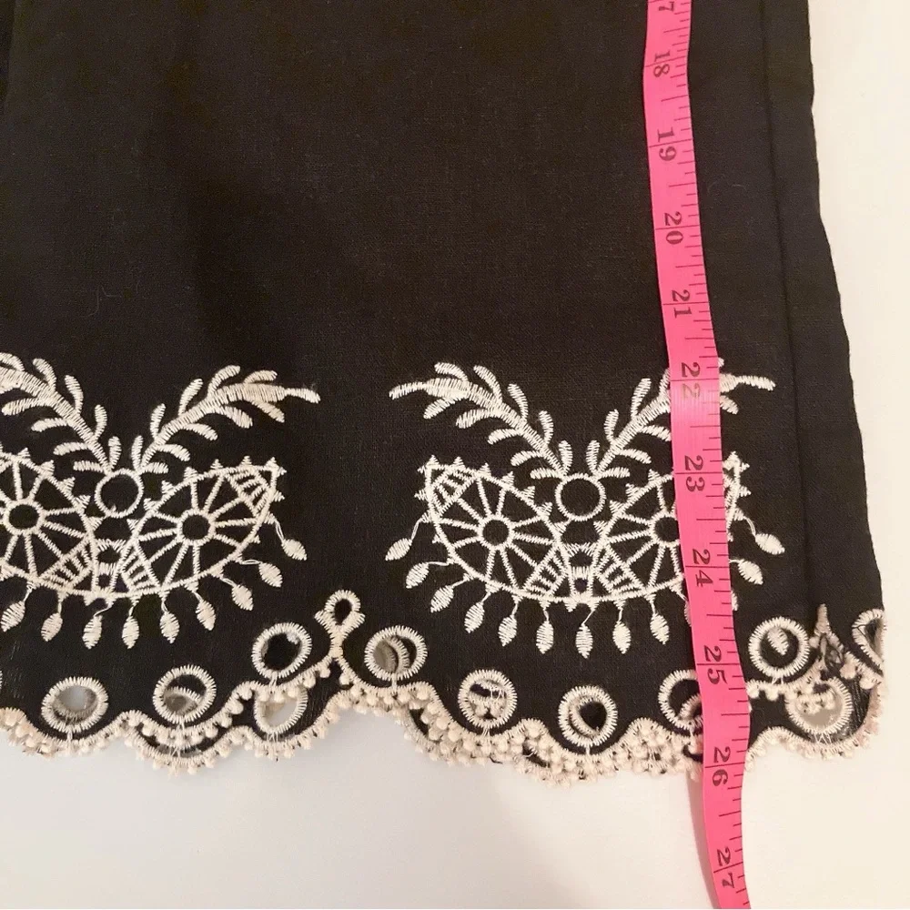 🎀 Maison D’Amelie Wide-Leg High-Rise Embroidered Hem Black Linen Ankle Pants - Picture 8 of 9